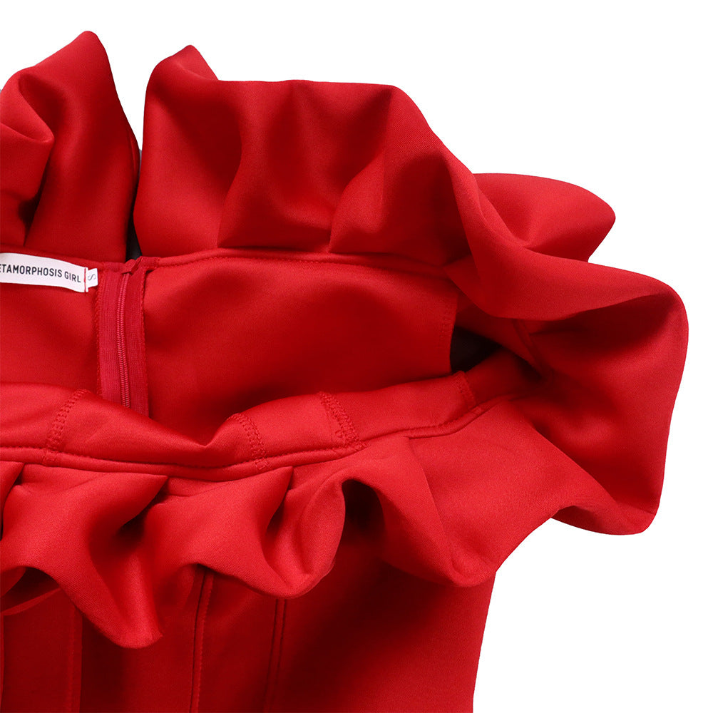 Close-up view of the intricate details of the Off Shoulder Mermaid Evening Dress, highlighting the luxurious polyester fabric and exquisite craftsmanship.