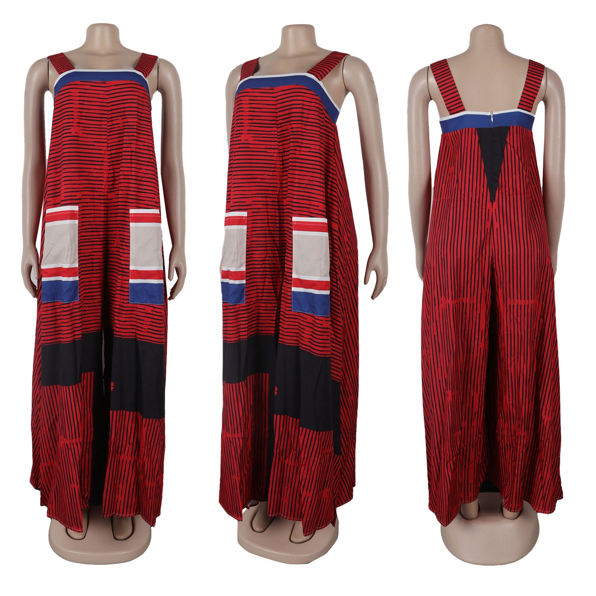 Stylish CM.YAYA Women’s Striped Wide Leg Sleeveless Jumpsuit displayed elegantly, highlighting the high waist feature and the comfortable loose fit, perfect for upscale summer occasions.
