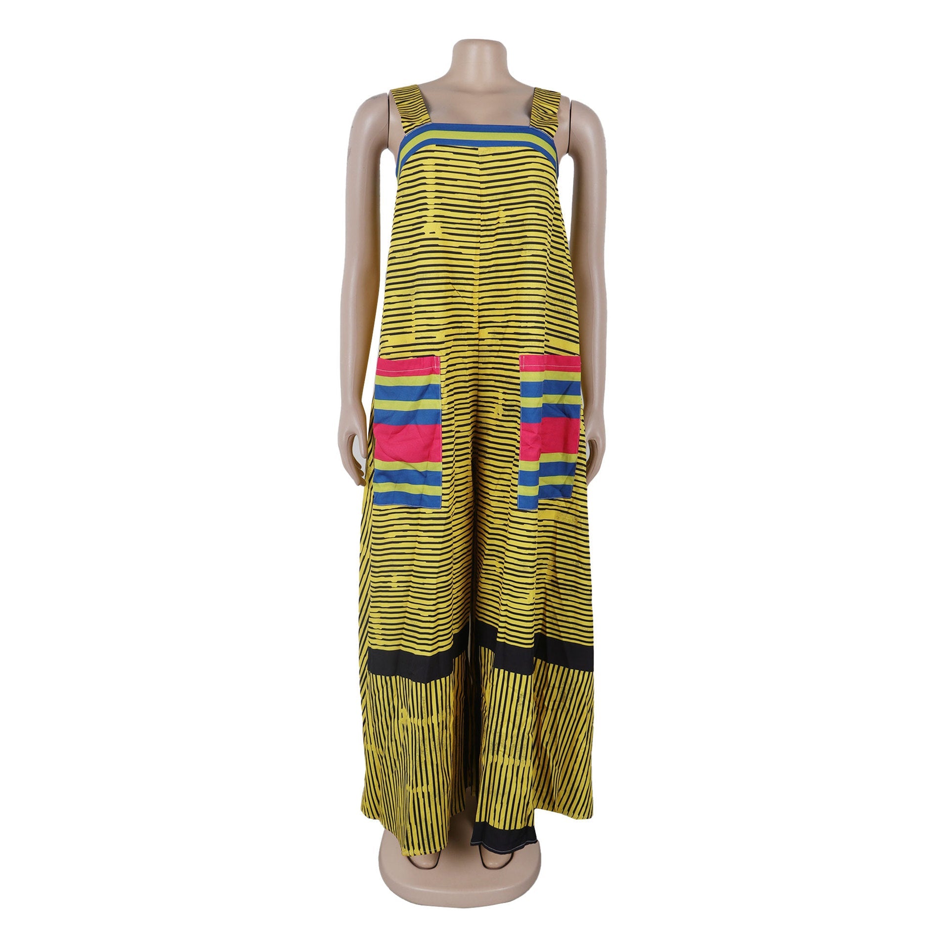 Close-up view of the chic striped pattern and soft polyester fabric of CM.YAYA Women’s Striped Wide Leg Sleeveless Jumpsuit, ideal for a fashionable summer look by Hot Trends Area.
