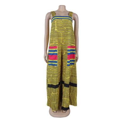 Close-up view of the chic striped pattern and soft polyester fabric of CM.YAYA Women’s Striped Wide Leg Sleeveless Jumpsuit, ideal for a fashionable summer look by Hot Trends Area.