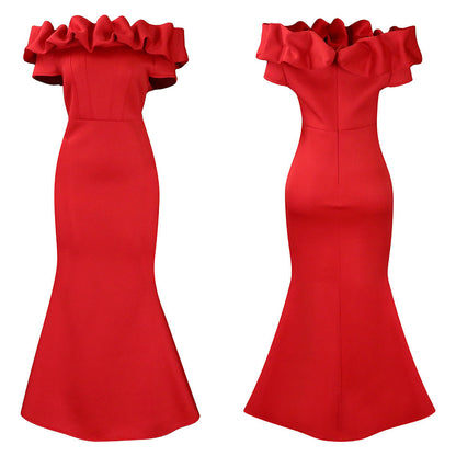 A stunning model wearing the floor-length off-shoulder mermaid gown, embodying grace and sophistication at a glamorous event.