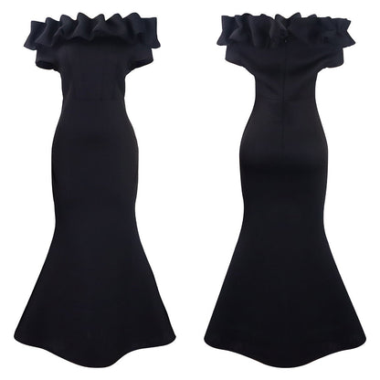 Detailed view of the exquisite off-shoulder neckline and fitted bodice of the elegant mermaid evening gown, perfect for upscale events.