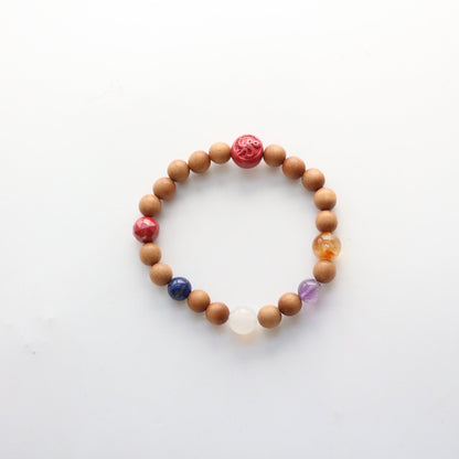 Jekira Chakra Balancing Bracelet: Sandalwood & Multi-Crystal with Royal Cinnabar