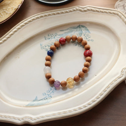 Jekira Chakra Balancing Bracelet: Sandalwood & Multi-Crystal with Royal Cinnabar