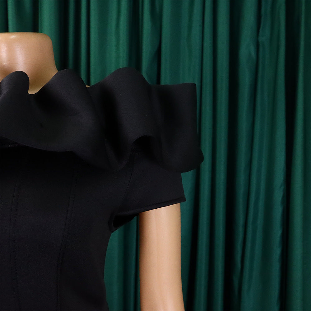 Model wearing an elegant off-shoulder mermaid evening dress, demonstrating its flattering shape and chic design ideal for evening wear.