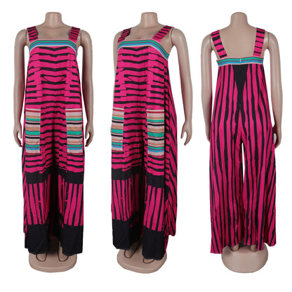 Model wearing CM.YAYA Women’s Striped Jumpsuit outdoors, demonstrating comfort and fashion with its sleeveless design and flattering fit, exclusively from Hot Trends Area.