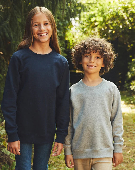 Luxury organic fairtrade cotton kids sweatshirt in stylish crew neck design, showcasing the soft brushed interior for comfort.