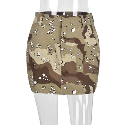 Back view of the Women’s Luxury Camouflage Mini Skirt by Dazzling Dreams Studio, emphasizing the trendy belt loops and elegant silhouette.
