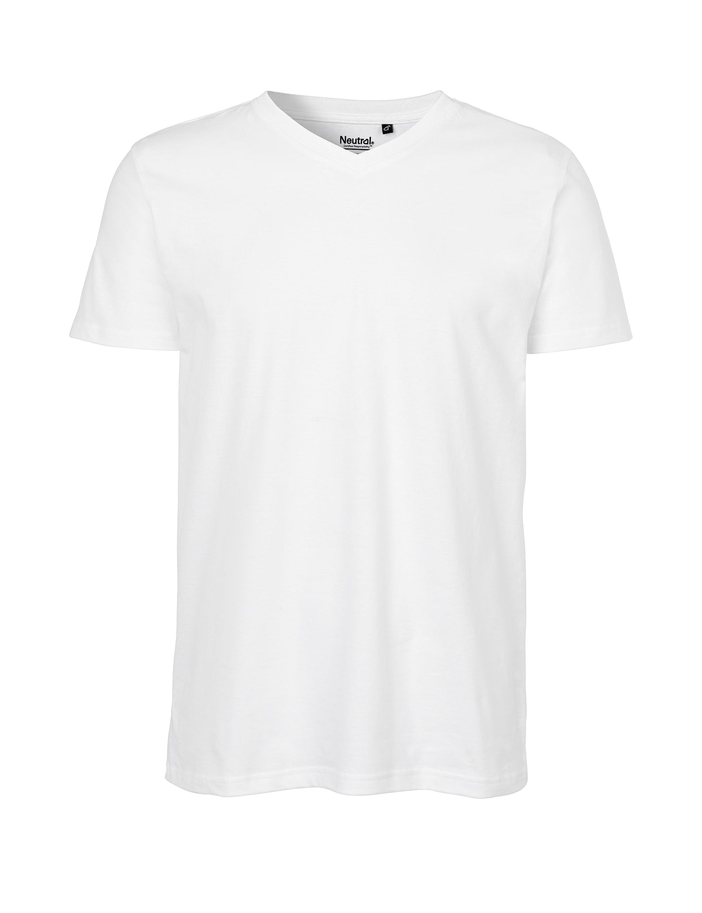 Casual yet sophisticated men's V-neck t-shirt designed with short sleeves and slightly fitted shoulders, embodying the essence of ethical fashion.