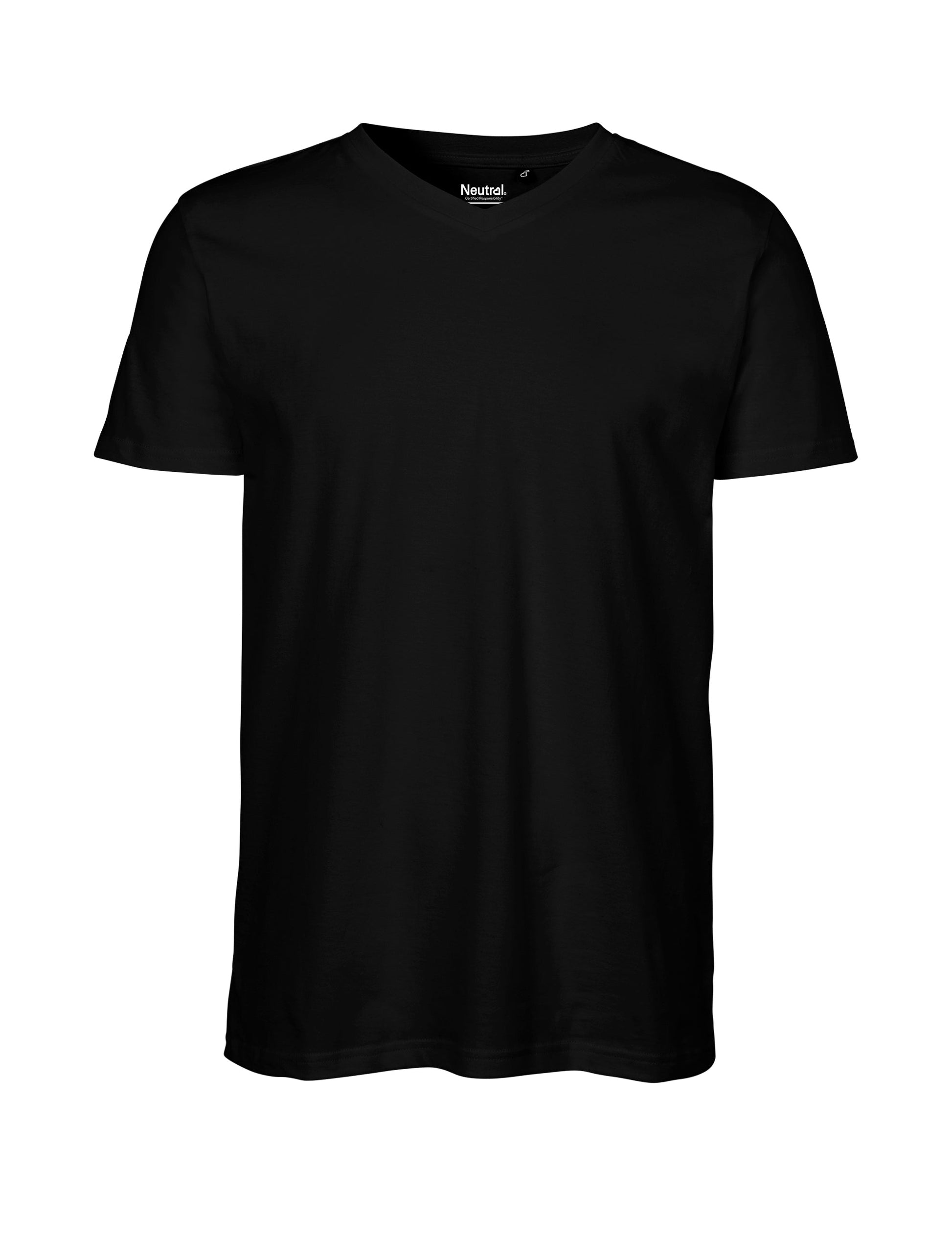 Fairtrade organic cotton men's V-neck t-shirt showcasing elegant tailored silhouette, perfect blend of comfort and style for eco-conscious consumers.
