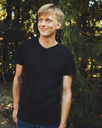 Luxury Fairtrade Organic Cotton Men's V-Neck T-Shirt showcasing soft, breathable fabric with tailored design, ethically produced in India.