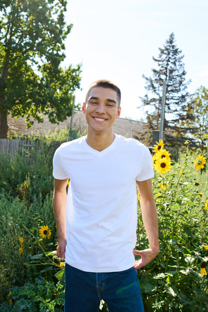 Luxury Fairtrade Organic Cotton Men's V-Neck T-Shirt crafted from 100% certified organic cotton, showcasing a tailored fit and breathable 155 gsm fabric, perfect for ethical style and comfort.