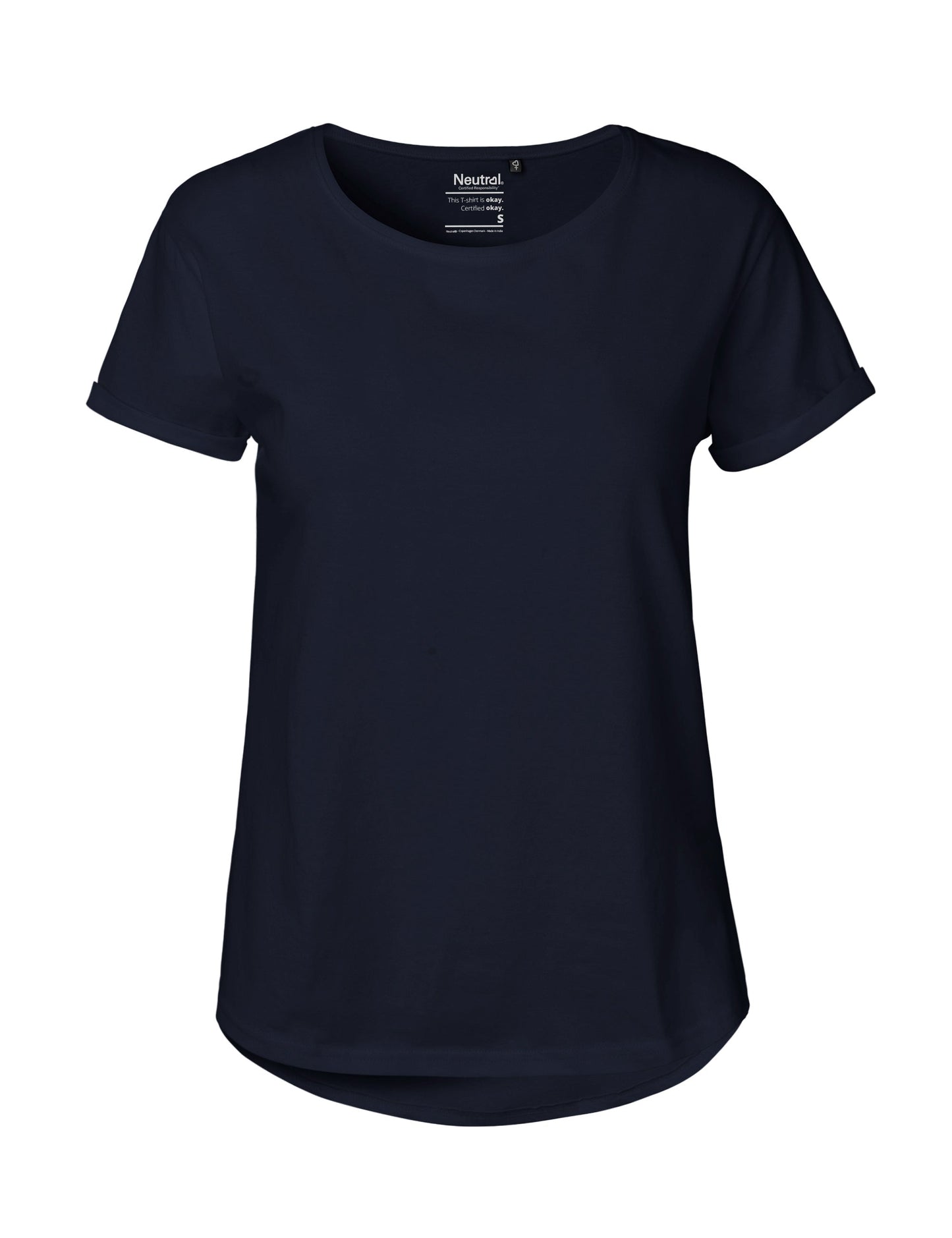 Versatile and stylish Fairtrade Organic Cotton T-Shirt for Women featuring trendy roll-up sleeves, perfect for effortless layering.