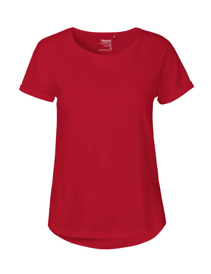 Luxurious Fairtrade organic cotton t-shirt for women, featuring roll-up sleeves and a flattering fit, perfect for effortless elegance.