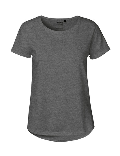 Elegant women wearing the Fairtrade organic cotton t-shirt with roll-up sleeves, demonstrating versatile styling for sophisticated casual outings.