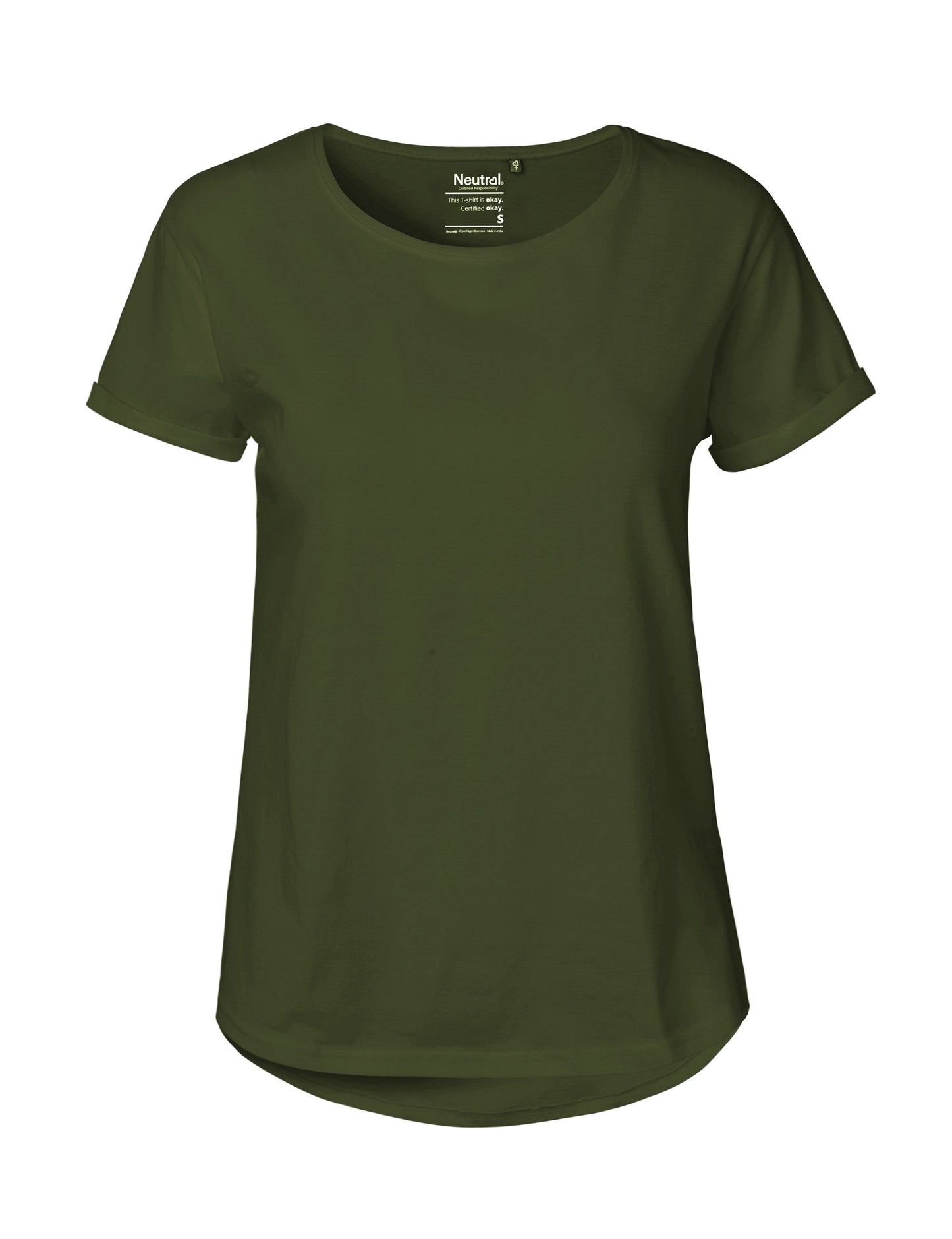 Detailed view of the flattering wide round neck and softly curved bottom hem of the luxury organic cotton t-shirt, perfectly tailored for various body types.