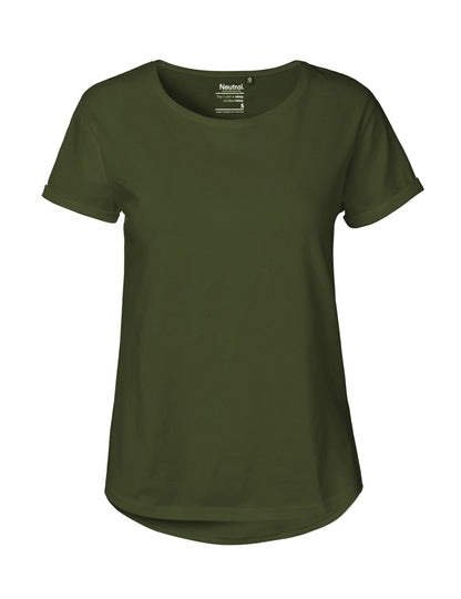 Detailed view of the flattering wide round neck and softly curved bottom hem of the luxury organic cotton t-shirt, perfectly tailored for various body types.