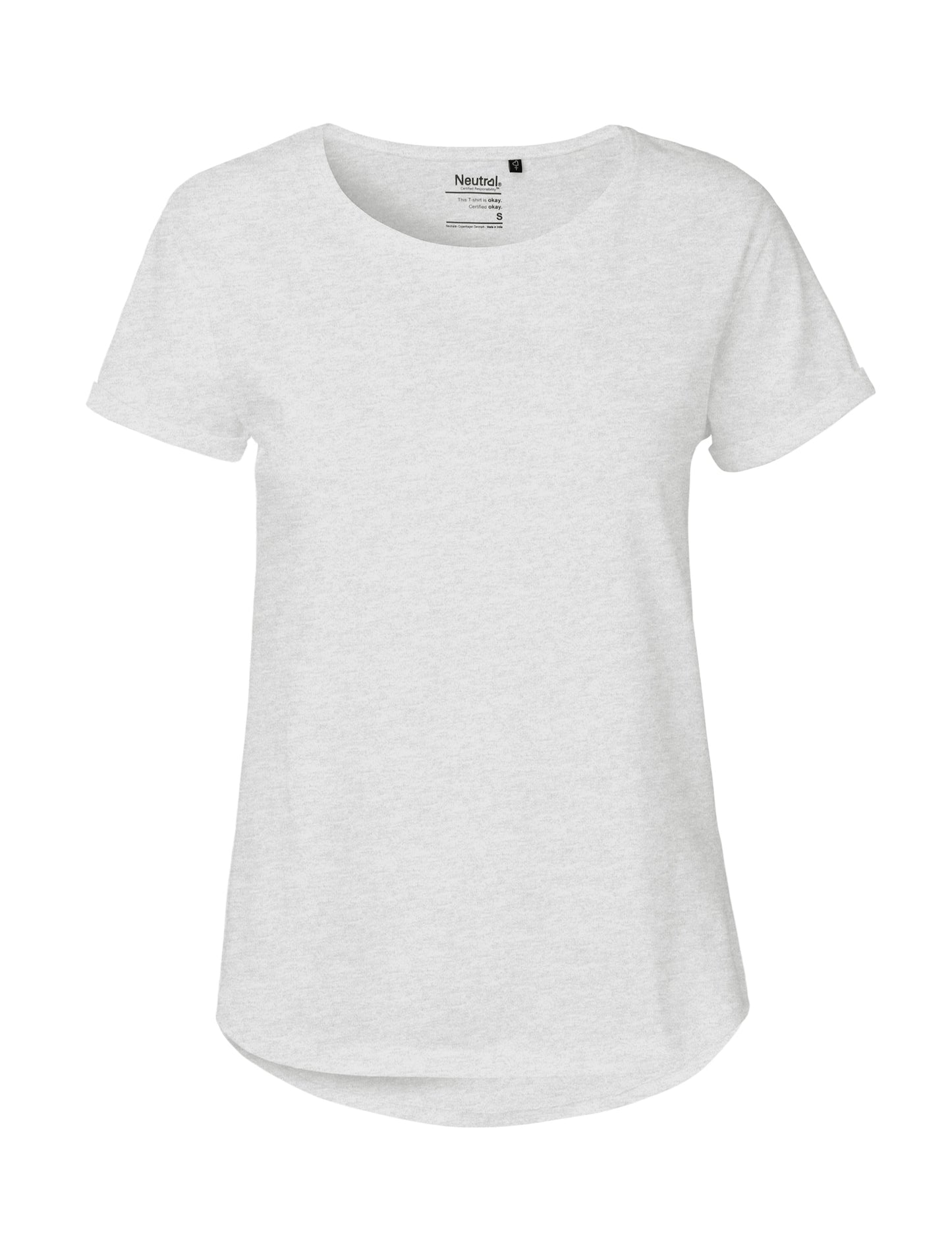 Ethically made roll-up sleeve t-shirt for women, presenting a fashionable silhouette with a focus on sustainable production practices.