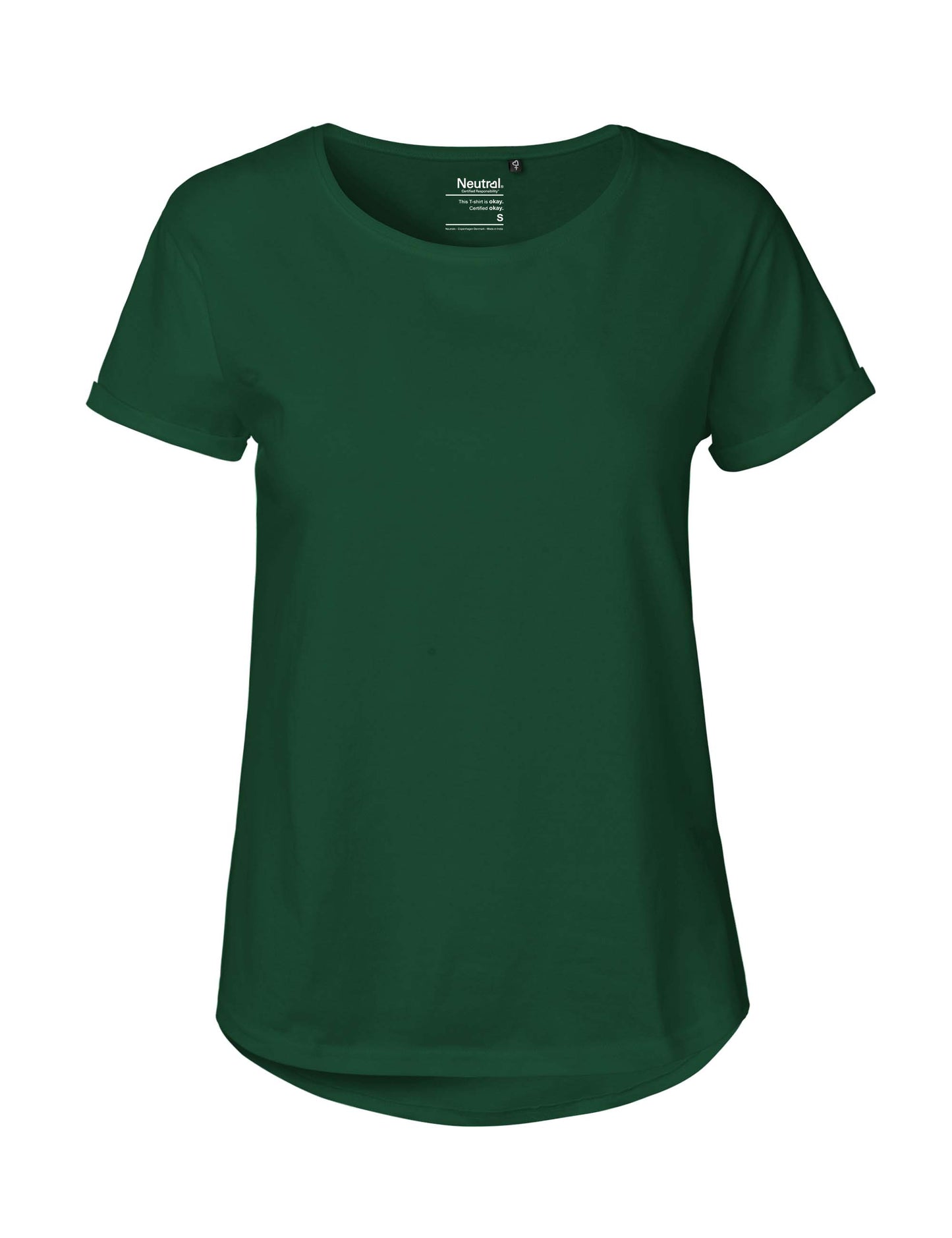 Luxury Fairtrade organic cotton roll-up sleeve t-shirt for women, showcasing its soft, breathable fabric in a stylish relaxed fit.