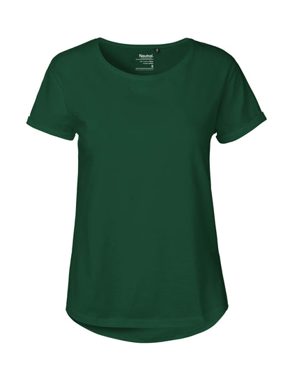 Luxury Fairtrade organic cotton roll-up sleeve t-shirt for women, showcasing its soft, breathable fabric in a stylish relaxed fit.