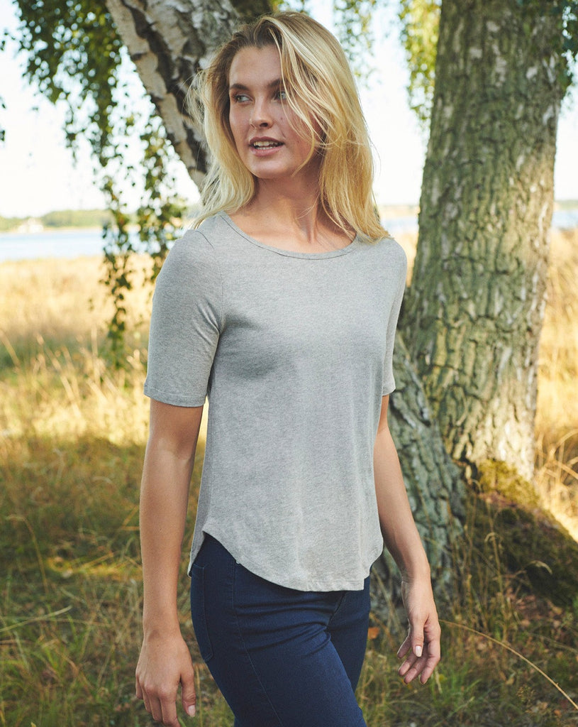 Luxury organic Fairtrade women's half-sleeve t-shirt in soft cotton with a relaxed fit, highlighting sustainable fashion.
