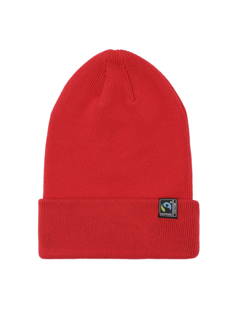 Luxurious Fairtrade Organic Cotton Beanie in a rich colour, stylishly showcased on a wooden surface, embodying eco-friendly elegance.
