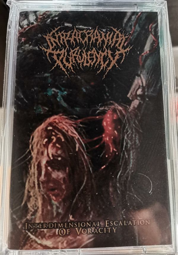 Intracranial Purulency's album 'Interdimensional Escalation of Voracity' CD cover presented by Rancid Offal Records, showcasing the essence of Death Metal genre with dark and immersive artwork.