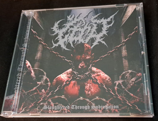 Timawa - Slaughter Through Subjugation CD cover art, showcasing the dark and gripping aesthetic of this death metal album from Rancid Offal Records.