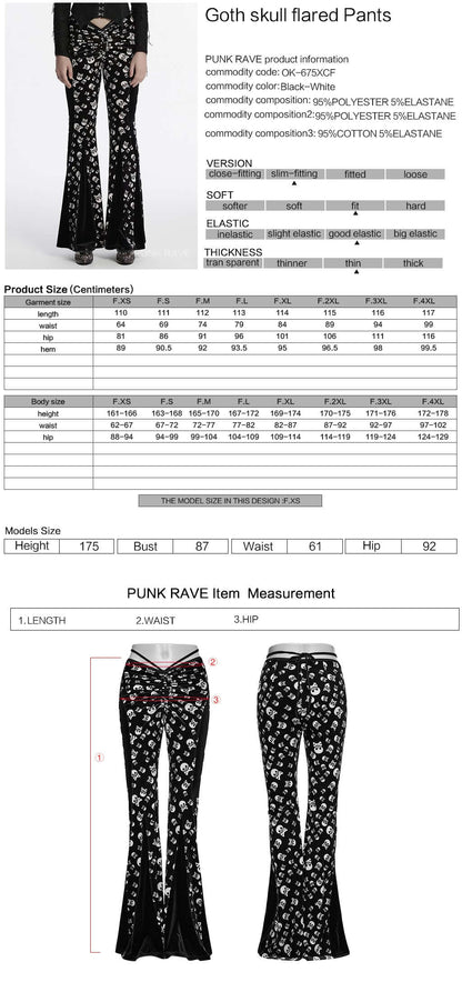 Detailed close-up of Punk Rave velvet flared trousers showcasing the luxurious fabric and intricate skull pattern, a must-have for stylish goth aesthetics.