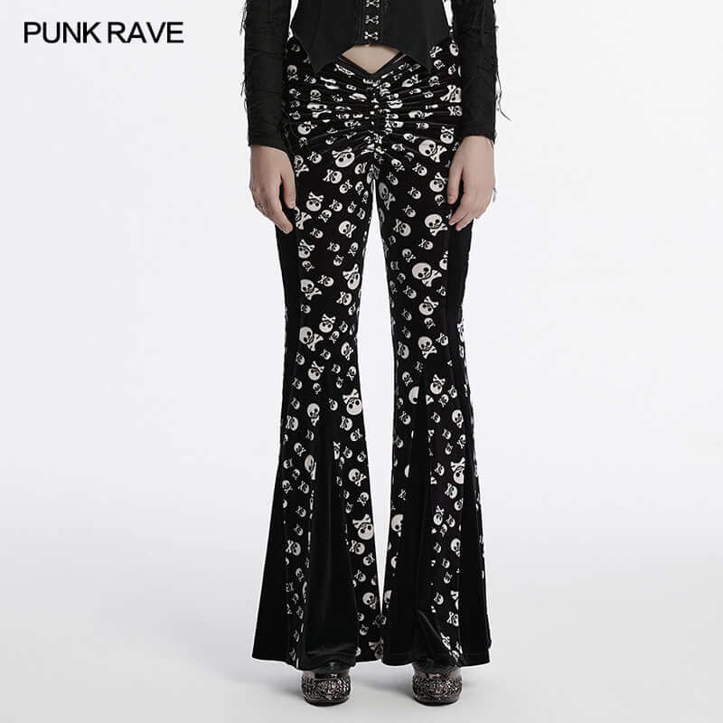 Elegant Punk Rave velvet flared trousers featuring a striking skull print and adjustable waist tie, perfect for gothic fashion enthusiasts.