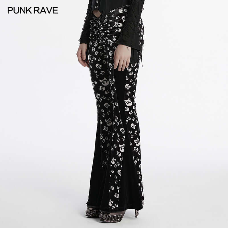 Model wearing Punk Rave velvet flared trousers styled for a chic gothic look, highlighting the unique blend of comfort and style.