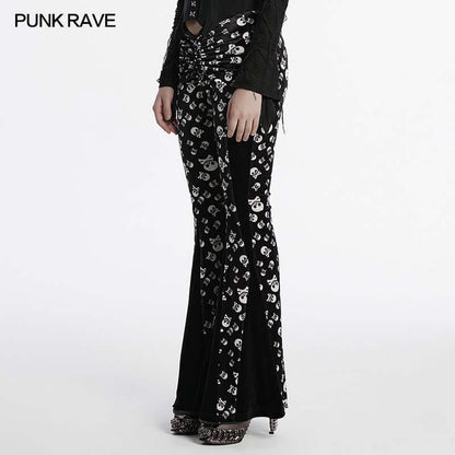 Model wearing Punk Rave velvet flared trousers styled for a chic gothic look, highlighting the unique blend of comfort and style.