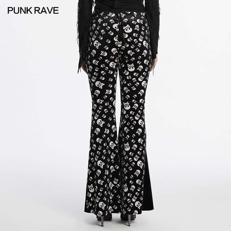 Full view of Punk Rave skull print flared trousers, designed for the modern goth enthusiast seeking luxury and distinctiveness.