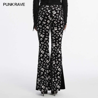 Full view of Punk Rave skull print flared trousers, designed for the modern goth enthusiast seeking luxury and distinctiveness.