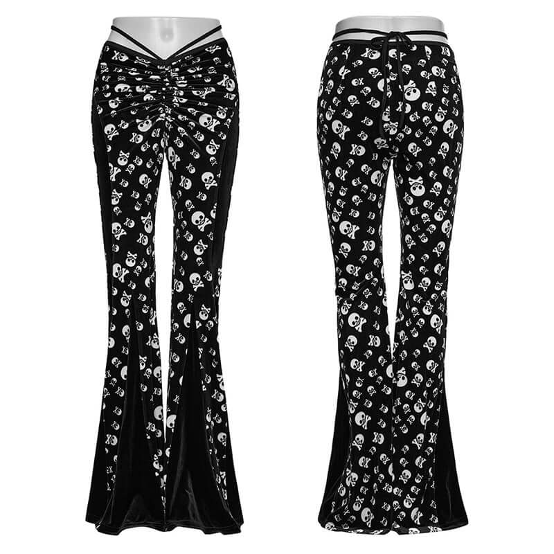 Gothic velvet flared trousers featuring a striking white skull print, elegant waist tie, and luxurious texture by Punk Rave.