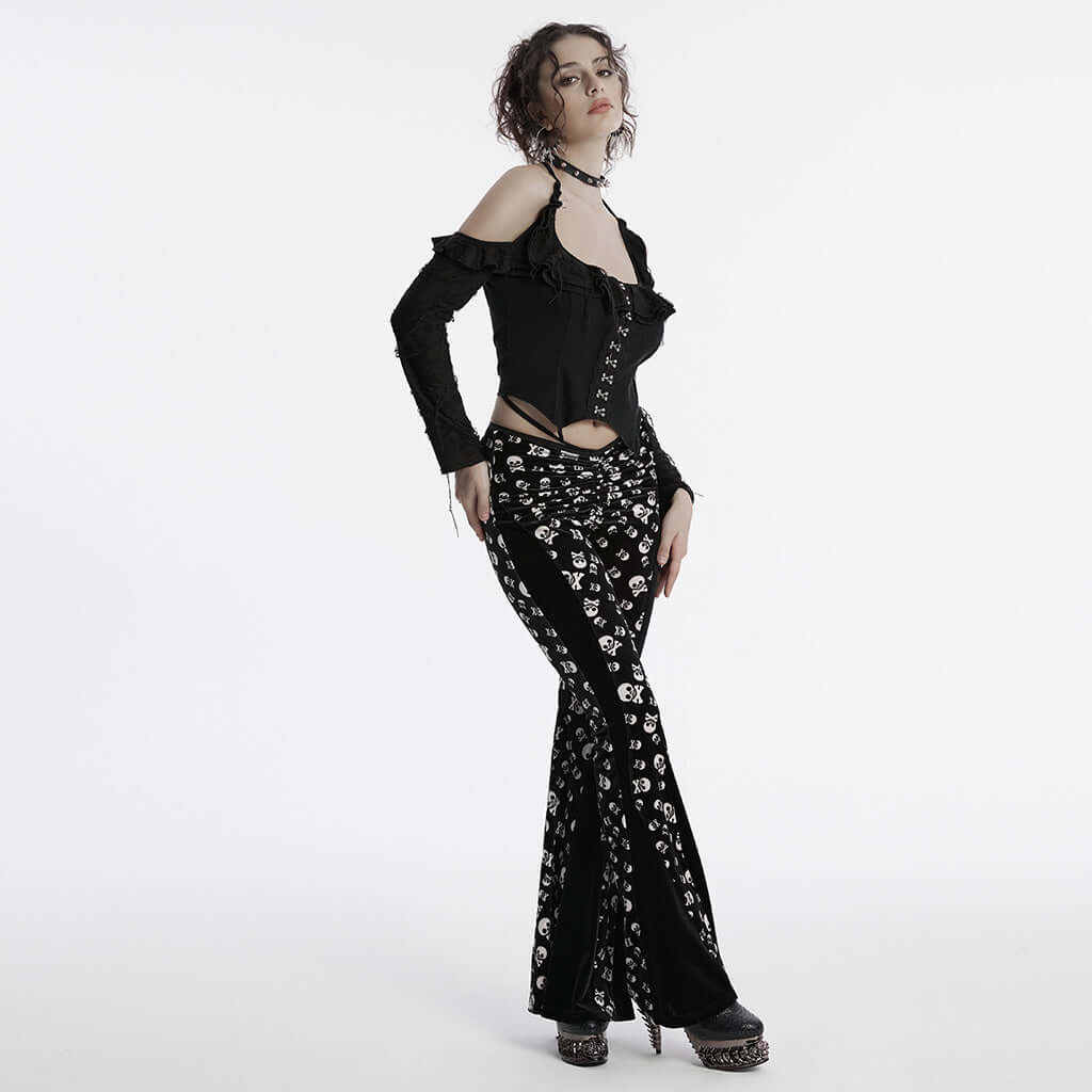 Luxurious Punk Rave velvet flared trousers featuring a striking white skull print and elegant waist tie, perfect for gothic fashion enthusiasts.