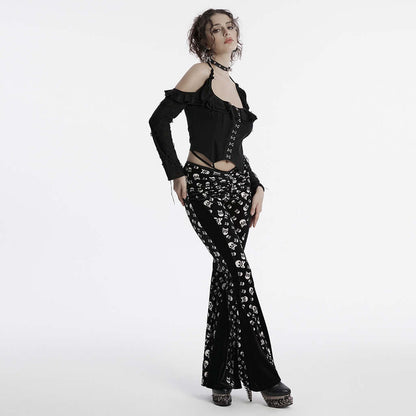 Luxurious Punk Rave velvet flared trousers featuring a striking white skull print and elegant waist tie, perfect for gothic fashion enthusiasts.