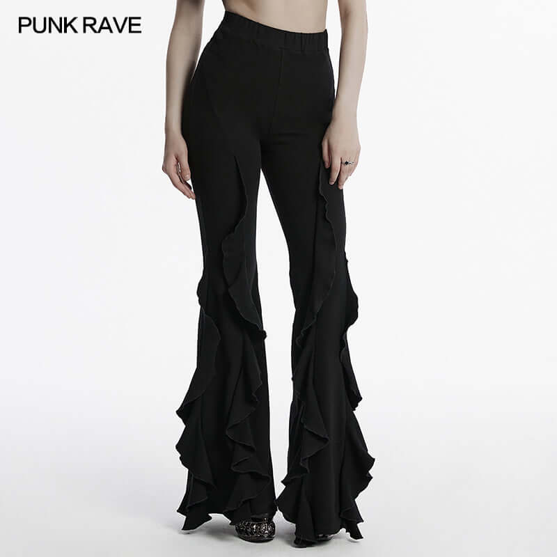 Elegant Punk Rave Veda Flared Pants showcasing a unique ruffled fish tail hem, crafted from luxurious cotton elastane blend for a comfortable fit.