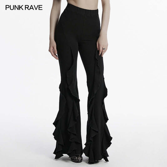 Elegant Punk Rave Veda Flared Pants showcasing a unique ruffled fish tail hem, crafted from luxurious cotton elastane blend for a comfortable fit.