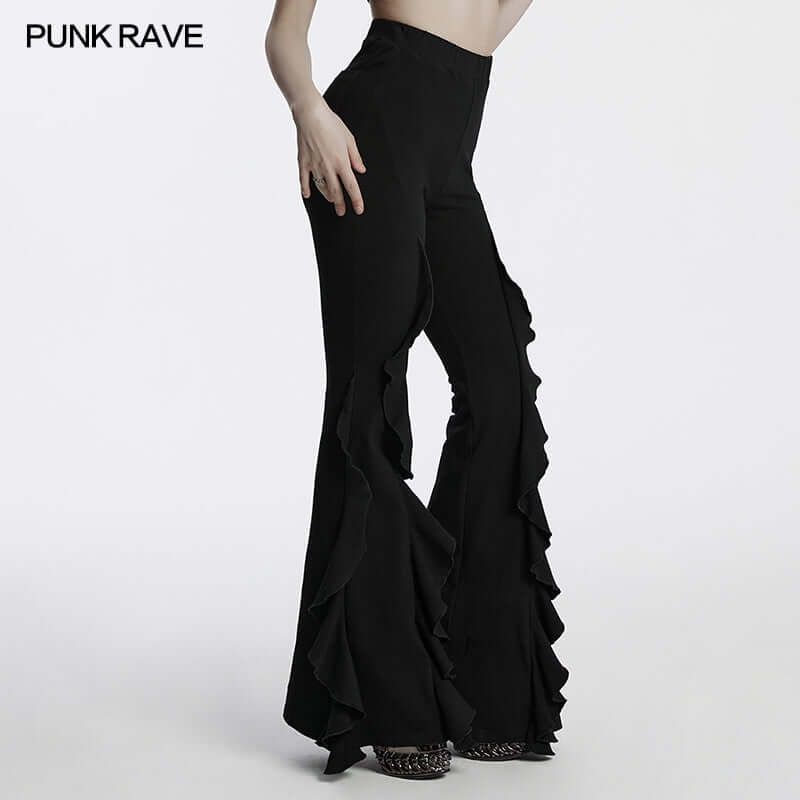 Close-up of the luxurious fabric of the Punk Rave Veda Flared Pants, highlighting the soft cotton elastane blend that ensures supreme comfort and fit.