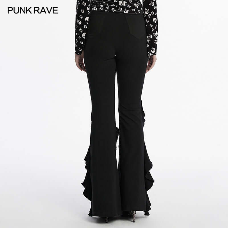 Model wearing Punk Rave Veda Flared Pants, capturing the unique retro aesthetic and flattering silhouette, perfect for a fashionable ensemble.