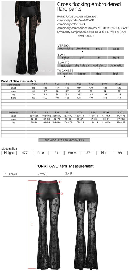 Gothic Punk Rave Seraphina Cross Flocking Flare Pants showcasing intricate cross-patterned mesh design and glossy leather detailing.