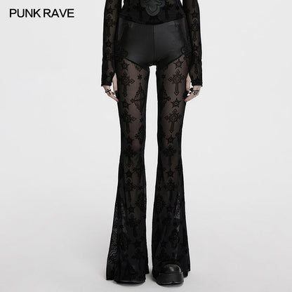 Full view of the sheer flare legs of the Gothic Punk Rave Seraphina Cross Flocking Flare Pants, featuring elegant embroidered crosses that create a dramatic silhouette.