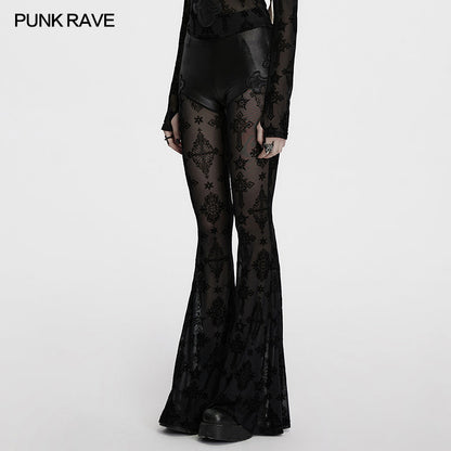 Gothic Punk Rave Seraphina Cross Flocking Flare Pants featuring sheer mesh and glossy leather detail, perfect for an edgy, luxurious goth fashion statement.