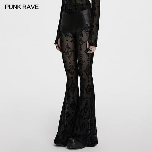 Gothic Punk Rave Seraphina Cross Flocking Flare Pants featuring sheer mesh and glossy leather detail, perfect for an edgy, luxurious goth fashion statement.