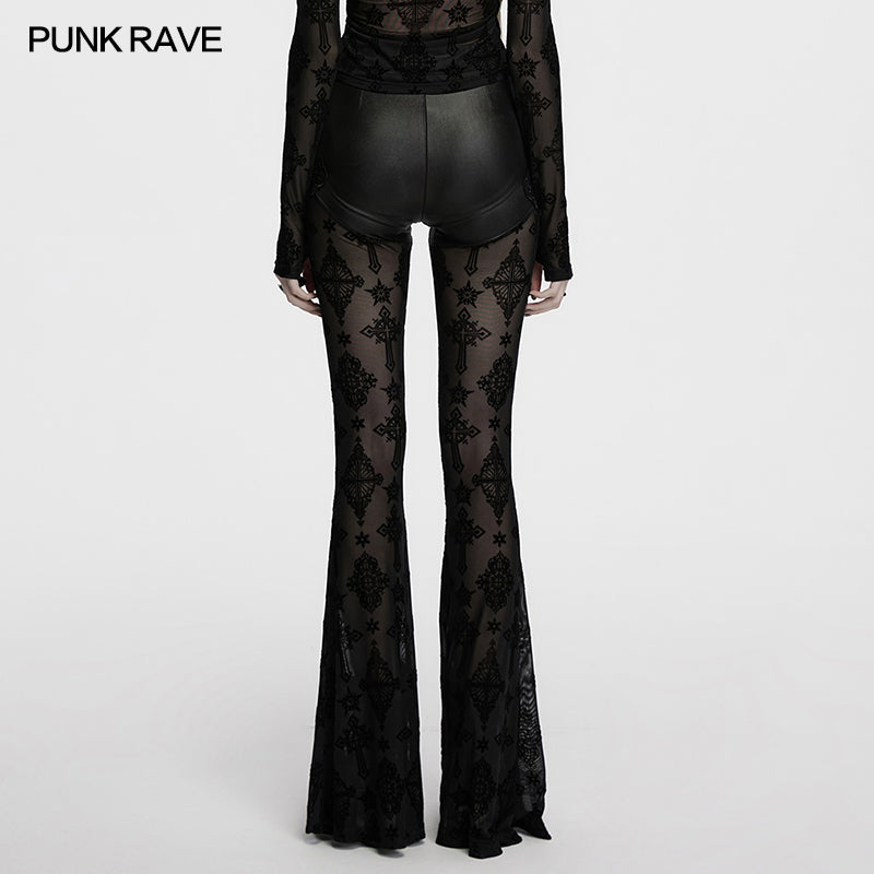 Side view of the Gothic Punk Rave Seraphina Cross Flocking Flare Pants, displaying the unique blend of high-fashion style and alternative goth elements.