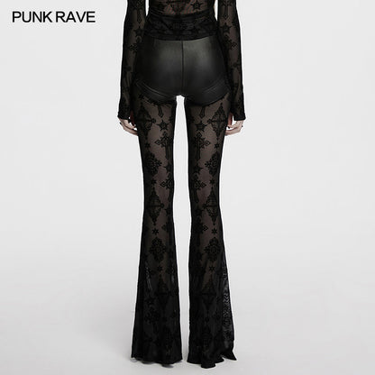 Side view of the Gothic Punk Rave Seraphina Cross Flocking Flare Pants, displaying the unique blend of high-fashion style and alternative goth elements.