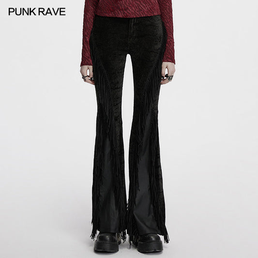 Elegant black Punk Rave Morrigan Wasteland Tassel Flare Trousers showcasing dramatic flared legs and intricate tassel detailing, ideal for gothic and alternative fashion.