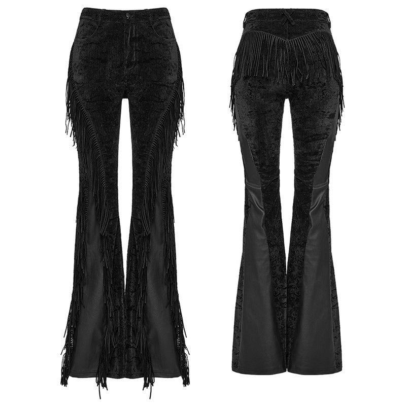 Close-up of the elastically woven fabric and elegant rubberised panels of the Punk Rave Morrigan Wasteland Tassel Flare Trousers, highlighting their luxurious texture and rebellious design.