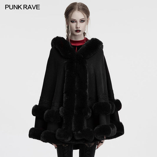 Gothic luxury cape featuring an oversized faux fur trimmed hood and elegant double-layer hem, perfect for winter styling.